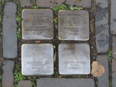 902797 Afbeelding van vier struikelstenen ('Stolpersteine') in het trottoir voor de woning Servaasbolwerk 11 te ...